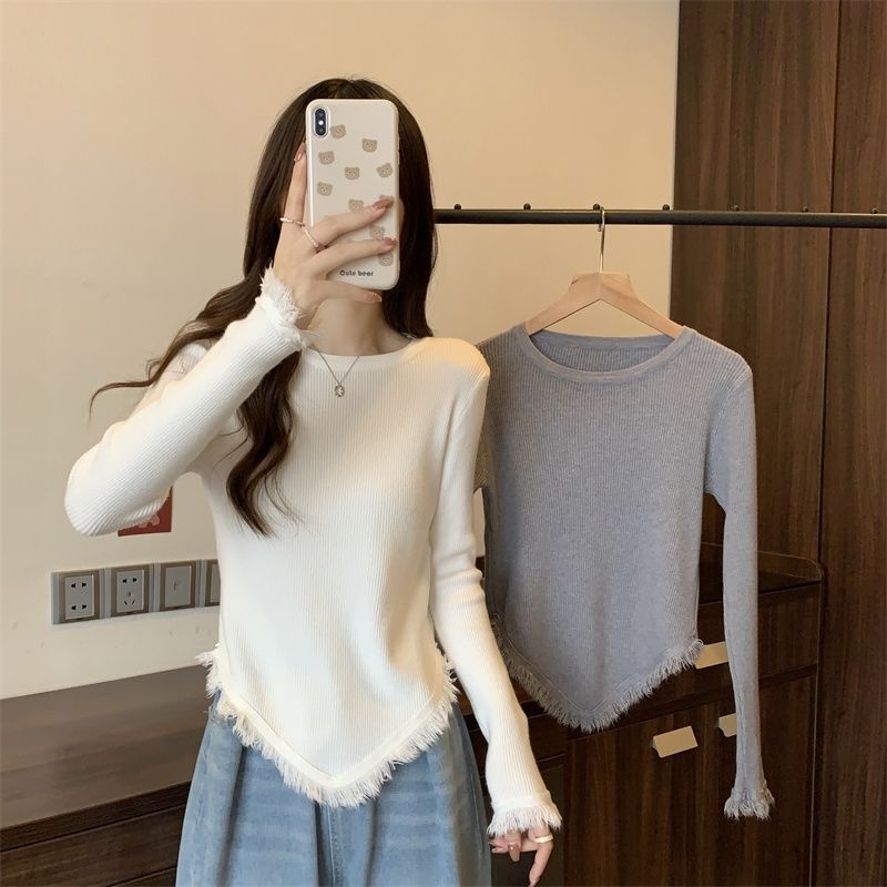 AutumnWinter Designer Crew-Neck Tassel Asymmetrical Long-Sleeve Top