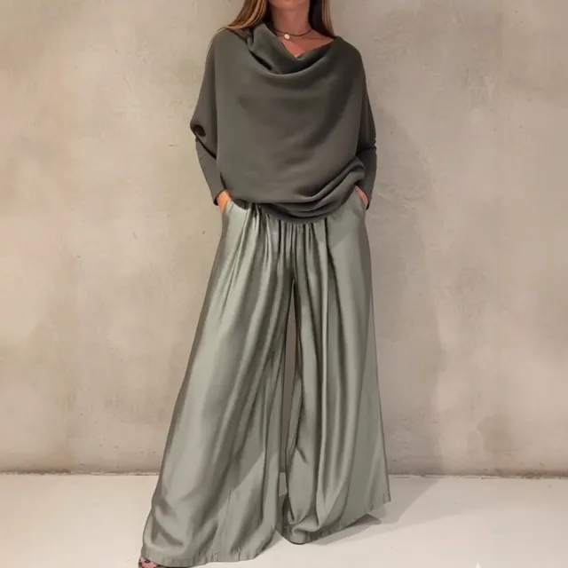 Women's Casual Satin Wide leg Pants Suit Matcha - Shop at LoveMi