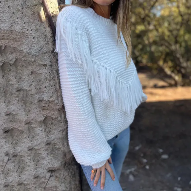 Fashion Loose fitting Long Sleeves Tassel Knitted Top White - Shop at LoveMi