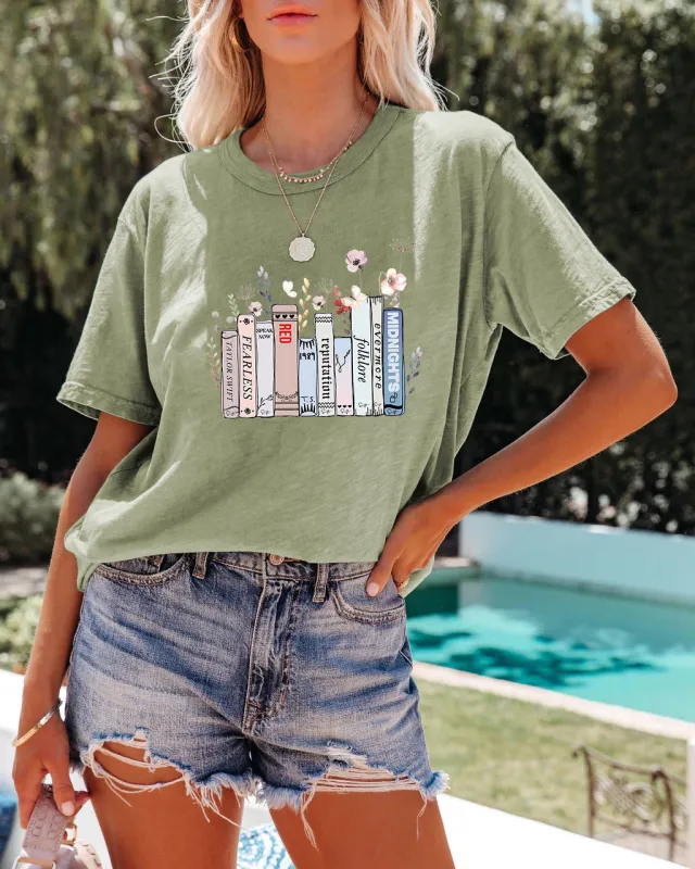 Summer New Book Flower T shirt Cute Fashion Round Neck Pullover Olive - Shop at LoveMi