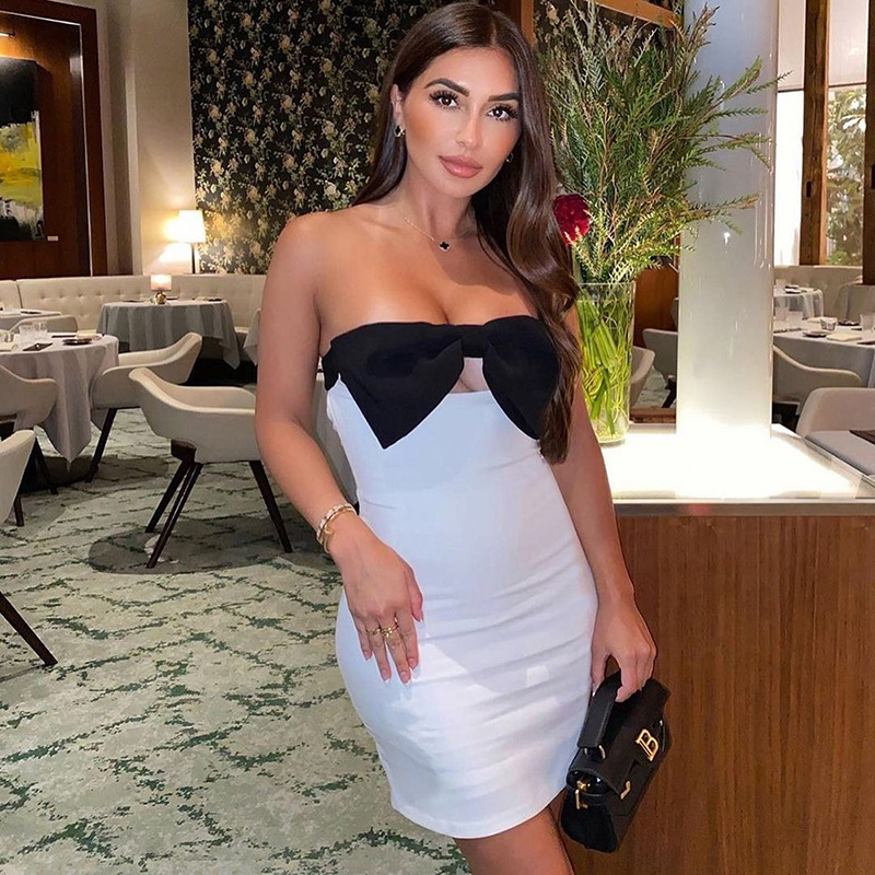 Big Bow Color Contrast Patchwork Hollow-out Tube Top Tight Dress