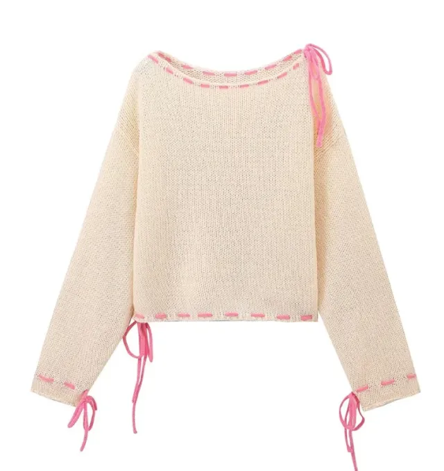 Women's Handmade Loose Sweater With Rope Off White - Shop at LoveMi