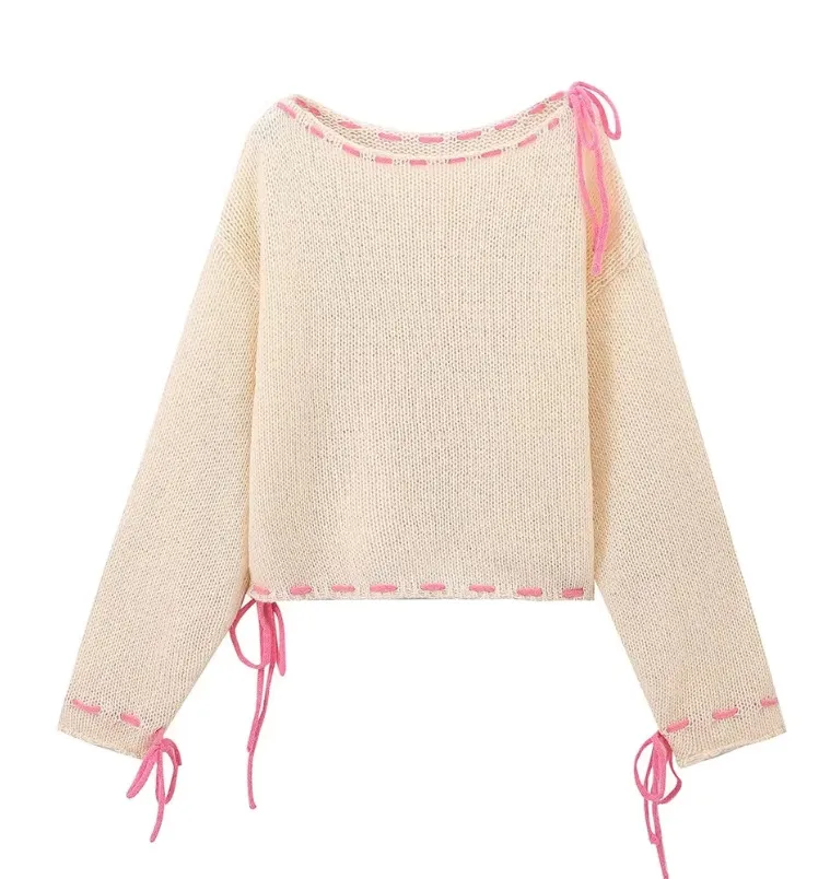 Women's Handmade Loose Sweater With Rope - Off White