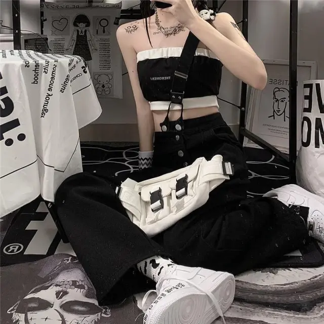 Slimming High Waist One Shoulder Shoulder Strap Jeans Summer Black - Shop at LoveMi