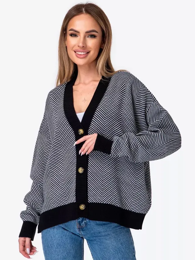 Contrast Striped Sweater Jacket, Long Sleeved Top Black - Shop at LoveMi