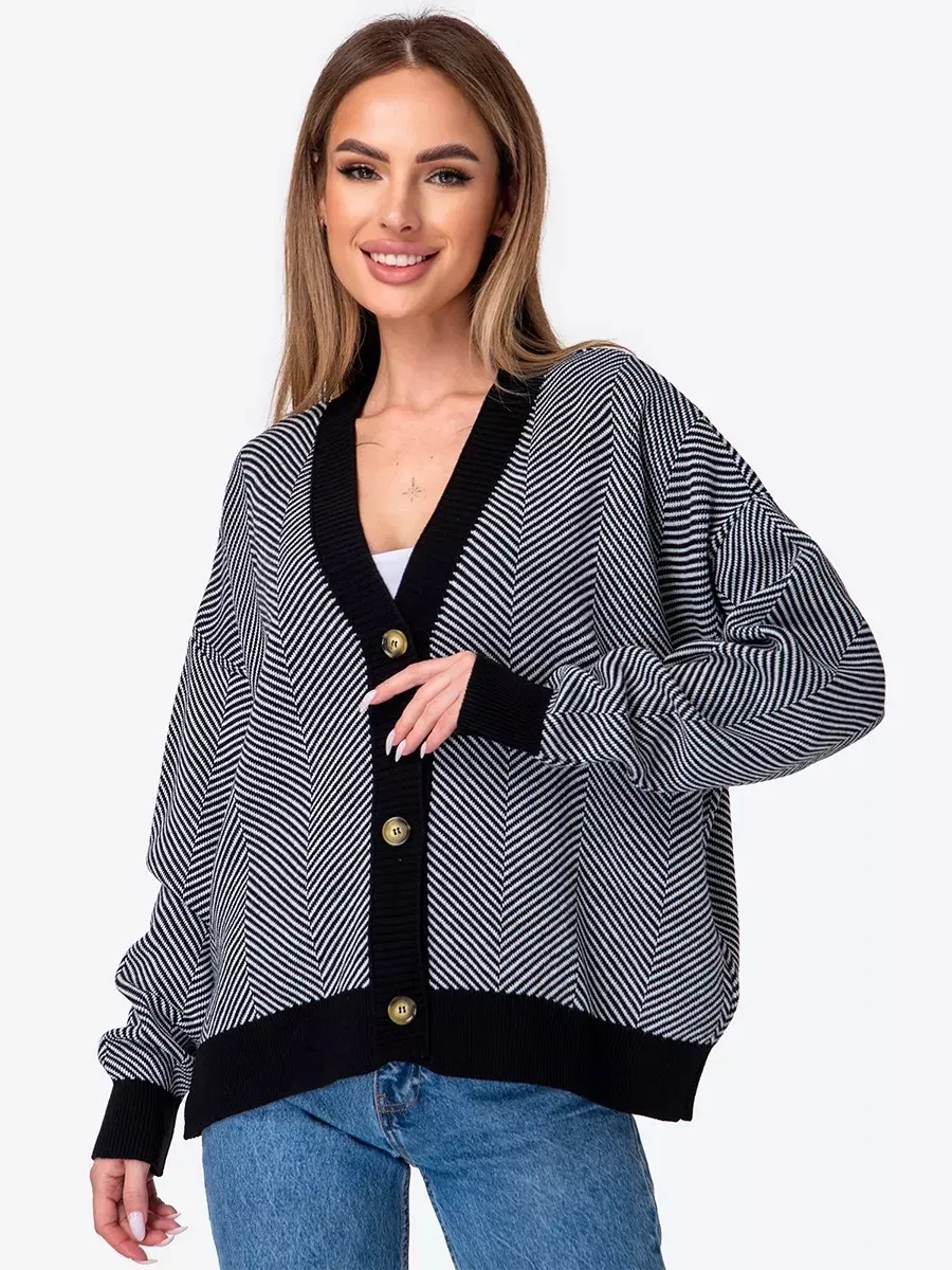 Contrast Striped Sweater Jacket, Long Sleeved Top - Black