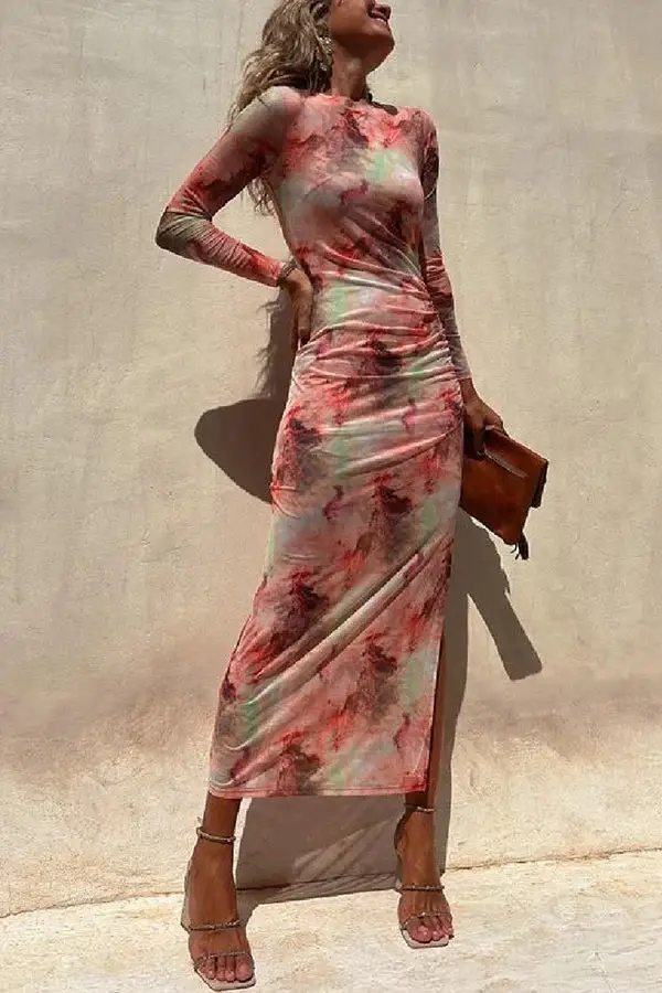Tie-dye Printed Long Sleeve Fashion Pleated Stretch Dress