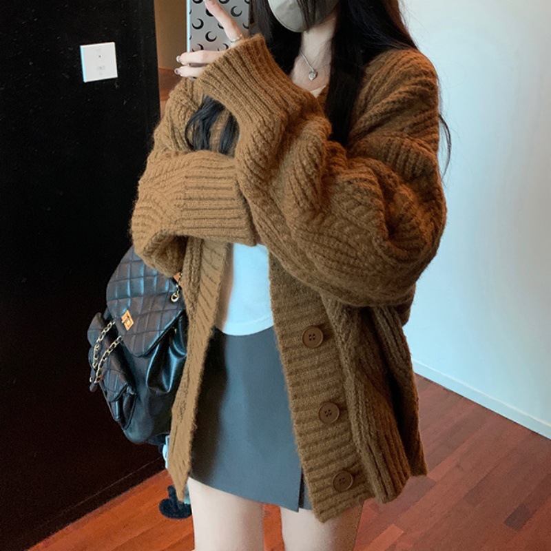 Autumn And Winter Idle Style Solid Color And V-neck Long-sleeved Thickened Sweater