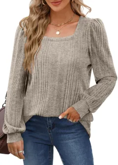 Women's Sunken Stripe Square Collar Fashion Casual Long Sleeve Top - Khaki - View 1