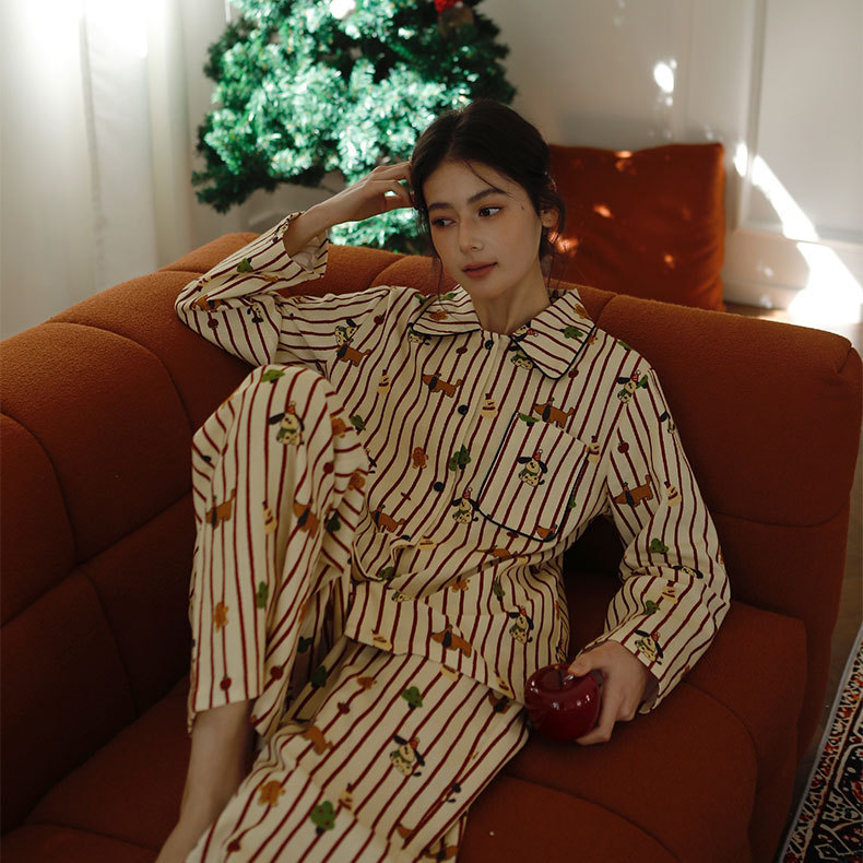 Autumn And Winter Cotton Brushed New Polo Collar Striped Home Wear