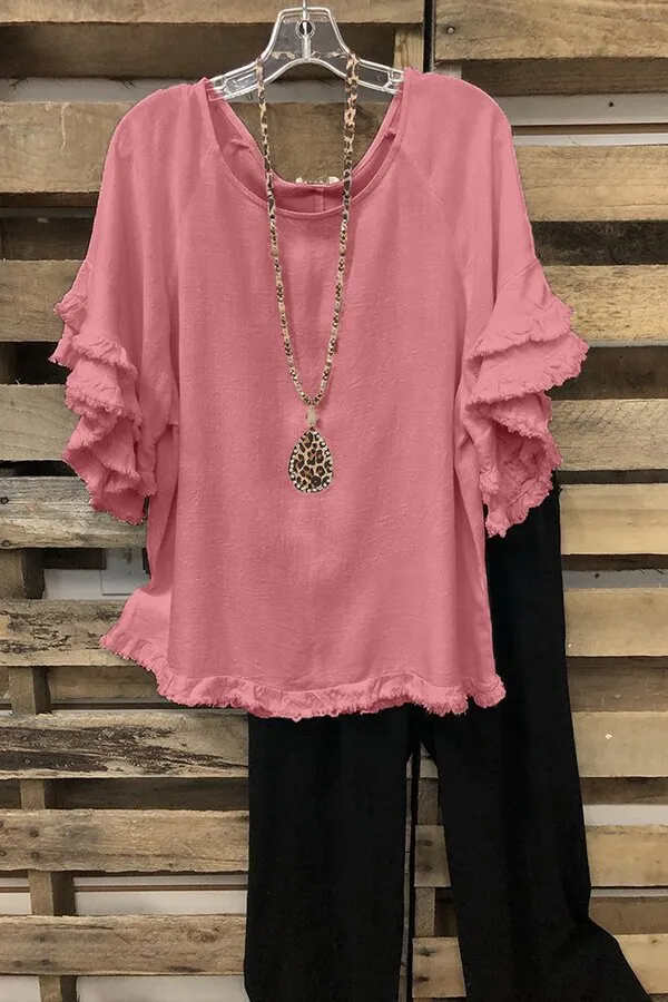 European And American Loose Plus Size Ruffle Sleeve T shirt Top Pink - Shop at LoveMi