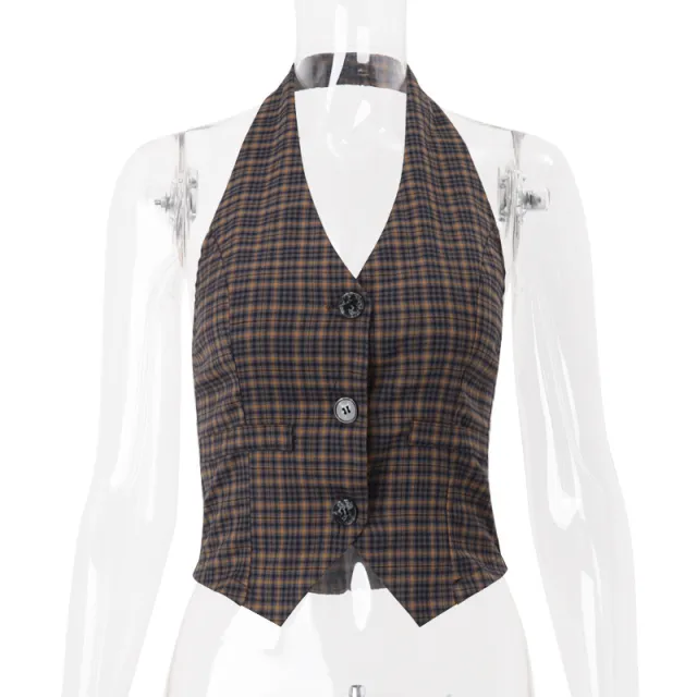 Vintage Plaid Cardigan Button Halterneck Vest Top Brown - Shop at LoveMi