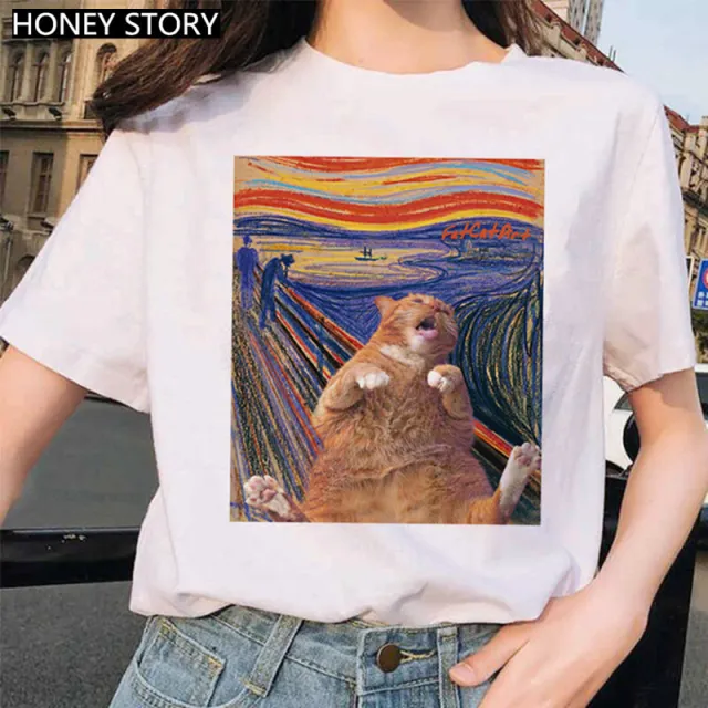 Creative Printing Round Neck Loose Women's White Short Sleeve 2509 - Shop at LoveMi