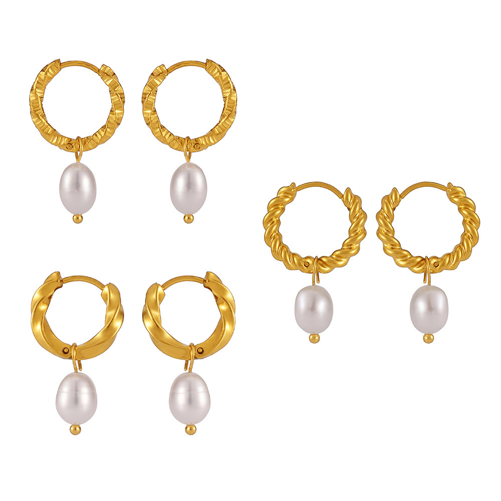 Seattle Stainless Steel Twist Buckle Natural Freshwater Cultured Pearl Earrings Earrings PVD Electroplated 18K Real Gold Earrings