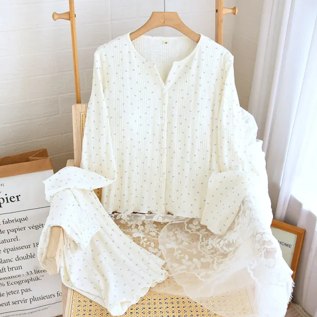 Knitted Sunken Stripe Stretch Chest Pad Long sleeved Trousers Pajamas Suit White - Shop at LoveMi