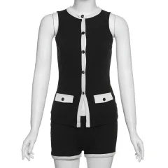 Single-breasted Cover Pocket Design Color Matching Top Tight Shorts Two-piece Set - Black - View 1