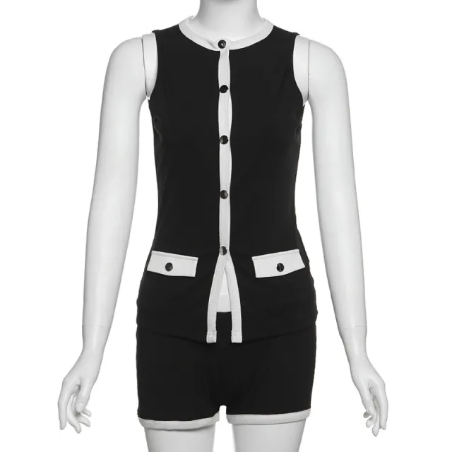 Single breasted Cover Pocket Design Color Matching Top Tight Shorts Two piece Set Black - Shop at LoveMi