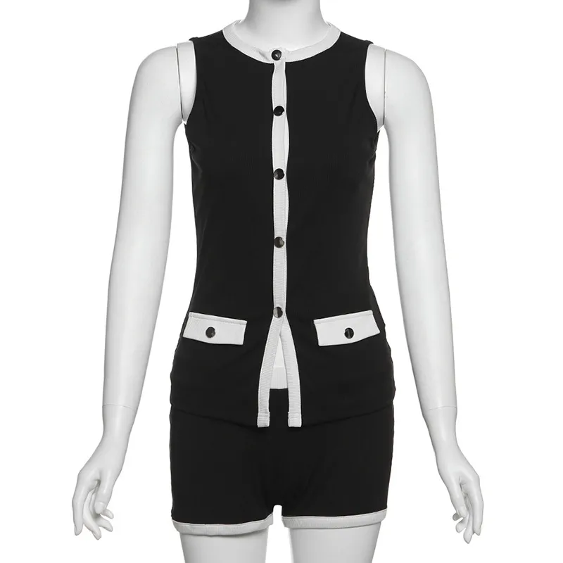 Single-breasted Cover Pocket Design Color Matching Top Tight Shorts Two-piece Set - Black