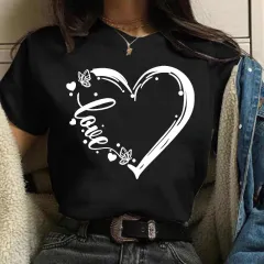 Loose Round Neck T-shirt Women's Top - Black - View 1