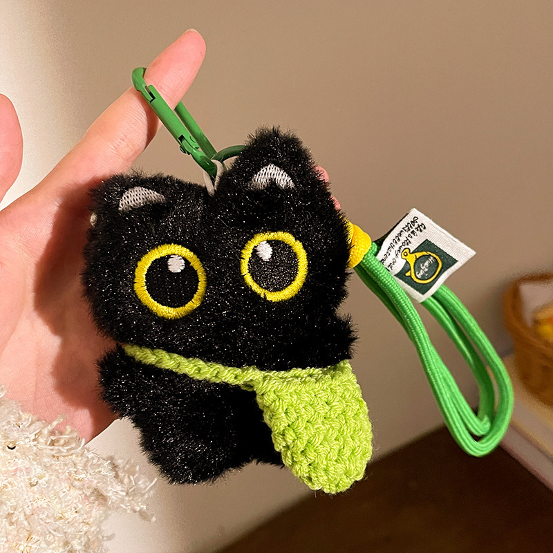Squeaky Big-Eyed Black Cat Plush Toy Keychain