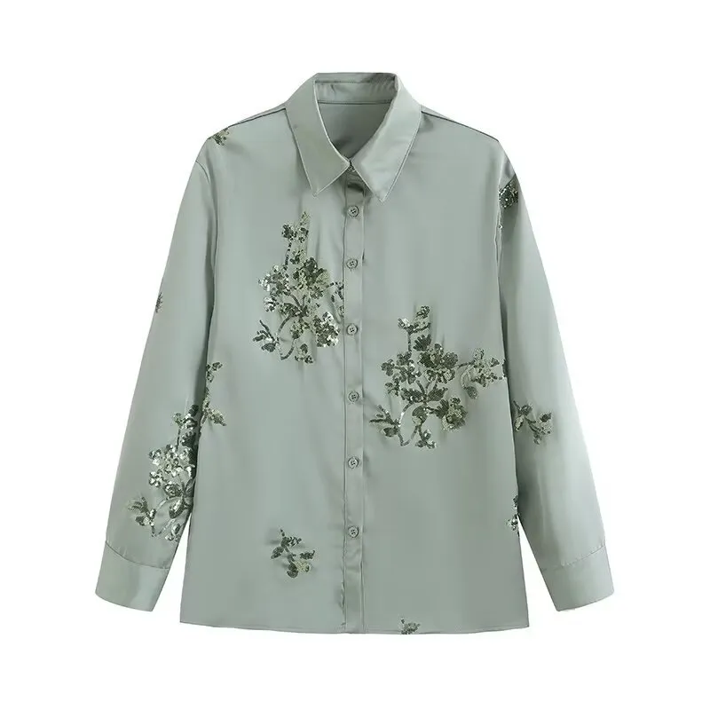 Spring Summer Women's Wear Shirt Outfit Beads Decoration Top High Waist Pants - Green Top