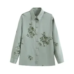 Spring Summer Women's Wear Shirt Outfit Beads Decoration Top High Waist Pants - Green Top - View 1