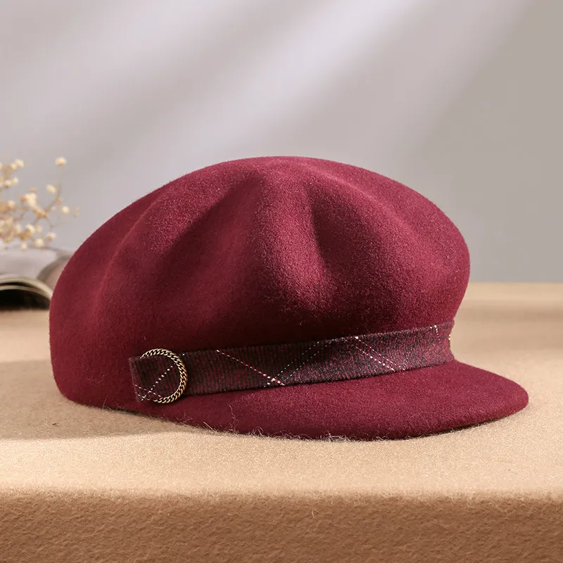 Women's Autumn And Winter Woolen Top Hat - Burgundy
