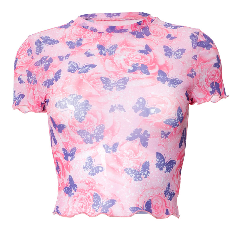 Title 9, Butterfly Print Round Neck Midriff-baring T-shirt