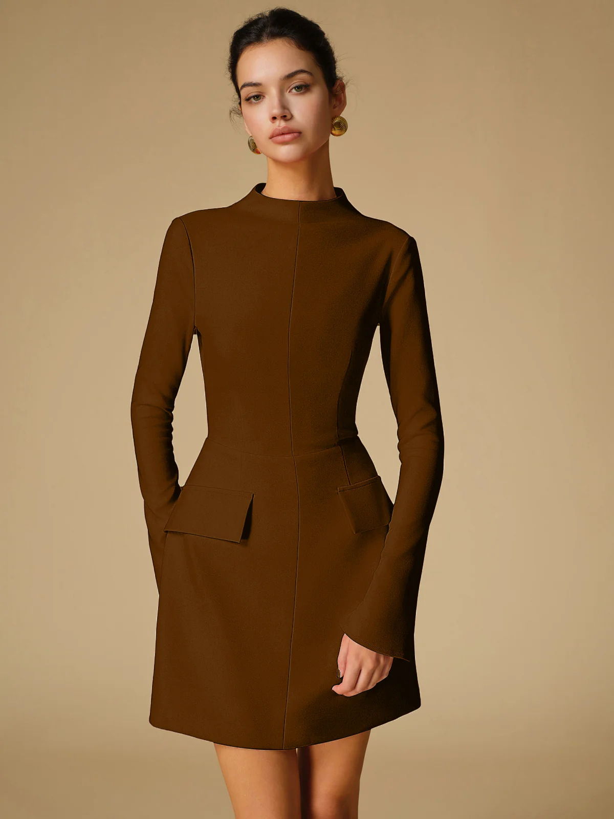 Solid Color Slim Fit Long Sleeve Bodycon Dress Light Brown - Shop at LoveMi