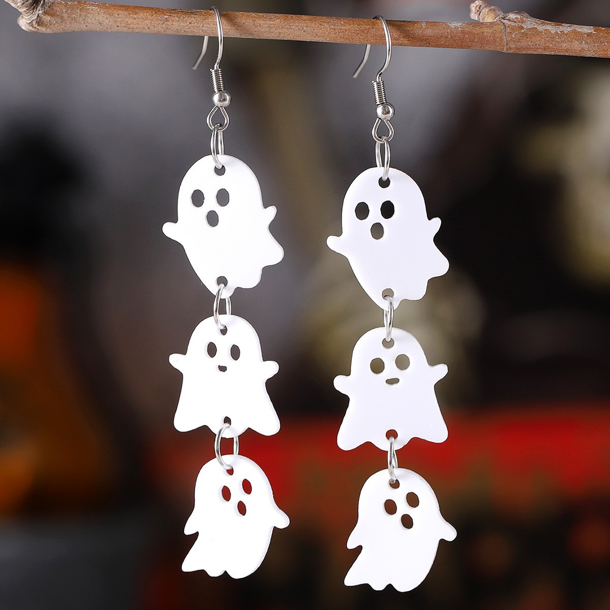 Halloween White Ghost And Black Bat Triptych Earrings