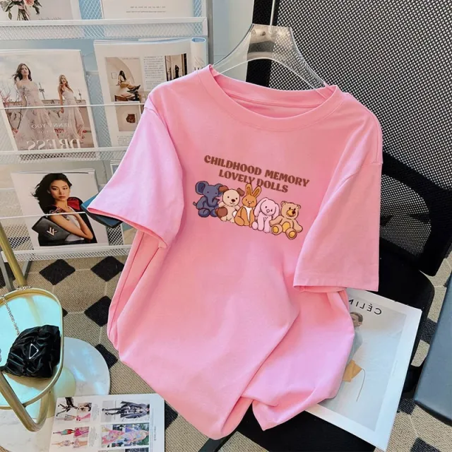 Cartoon Printed Cotton Short sleeved T shirt For Women Pink - Shop at LoveMi