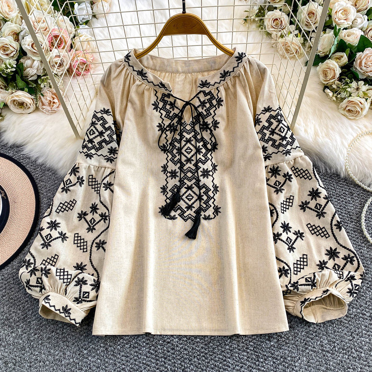Retro Embroidered Puff Sleeve Shirt For Women 3