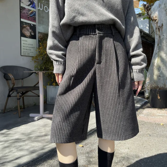 Womens AutumnWinter High Waisted Striped Retro Wide Leg Cropped Pants Gray - Shop at LoveMi