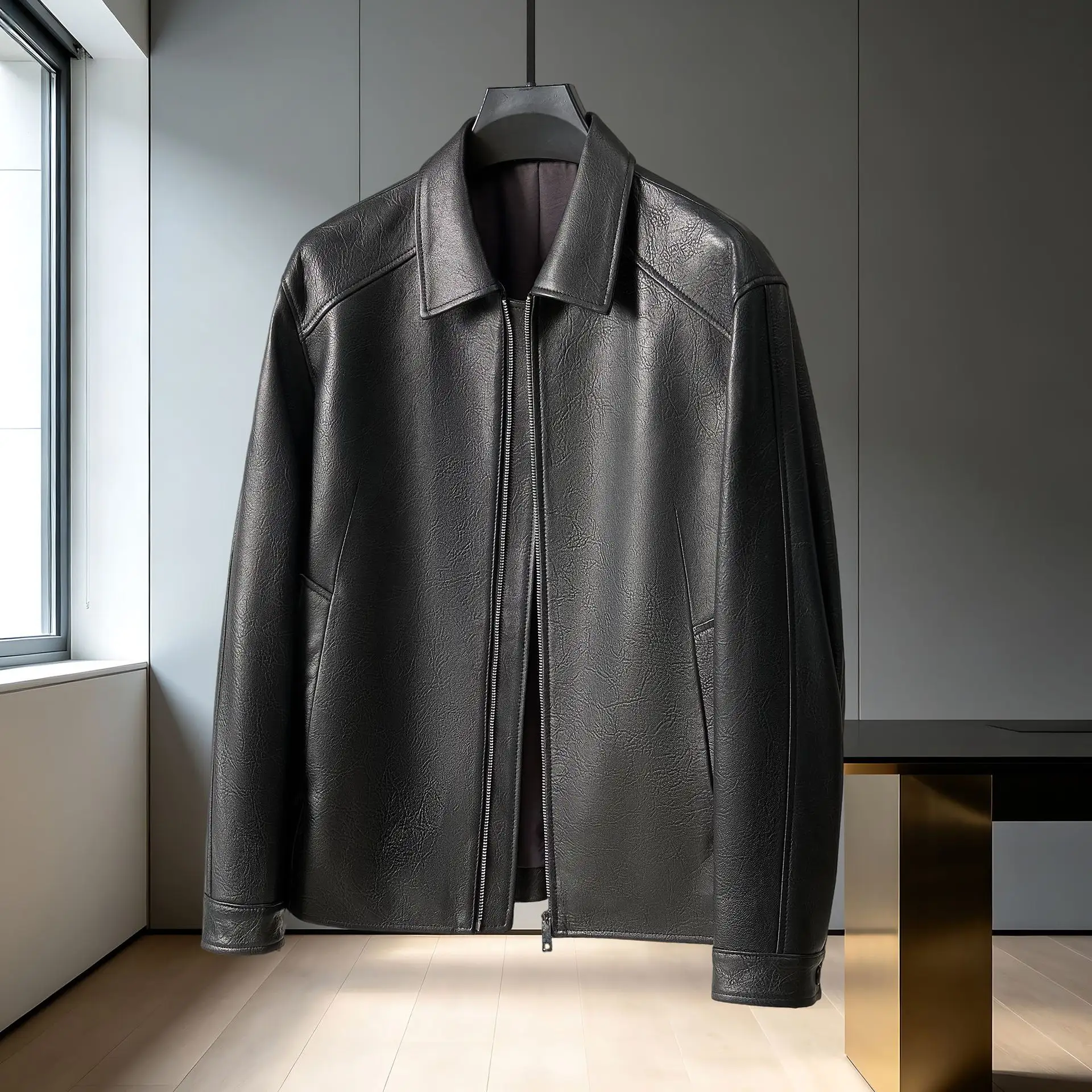 New-style Lapel Mens Sheepskin Leather Jacket