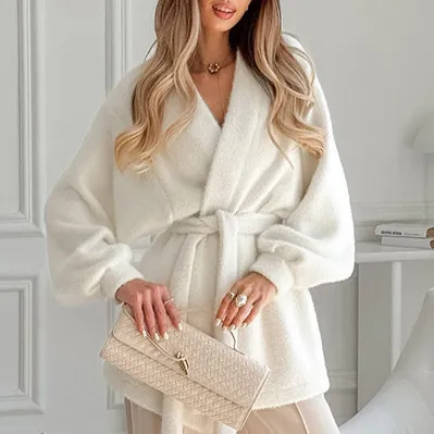 V neck Long Sleeve Lace up Loose Casual Mid length Plush Coat White - Shop at LoveMi