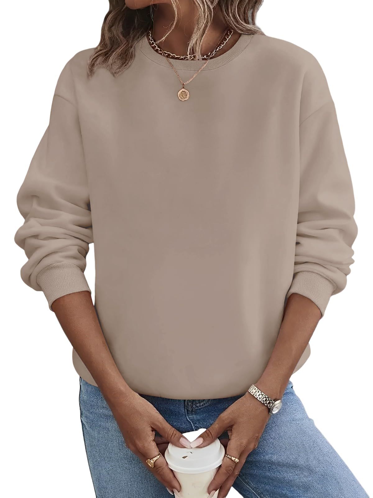 Solid Color Blank Round Neck Plus Size Fashion Sweater Khaki - Shop at LoveMi
