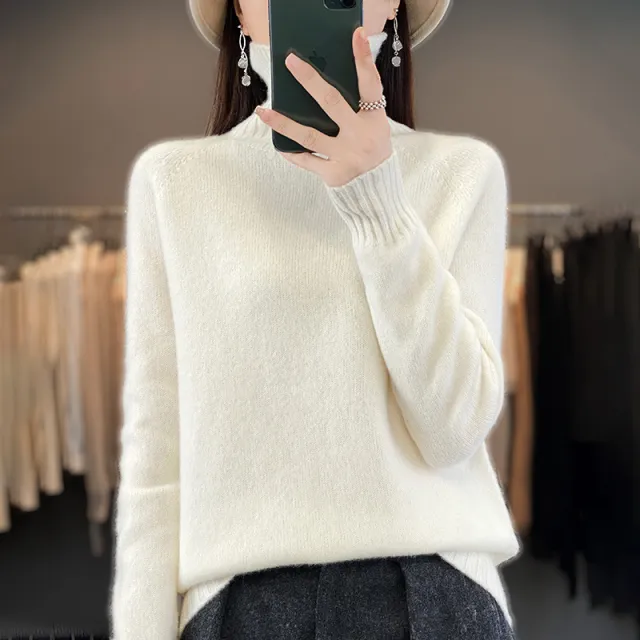 Women's Solid Color Turtleneck Knitting Pullover Long Sleeve Loose Sweater White - Shop at LoveMi