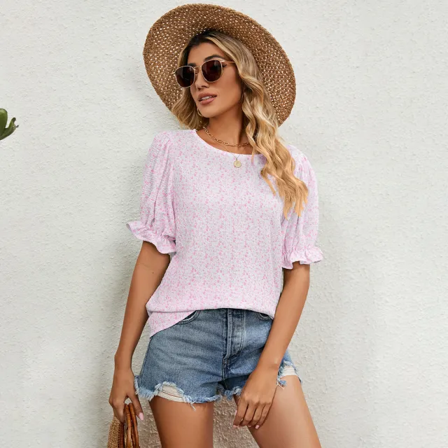 Floral Top Women's Loose All match Round Neck Pullover T shirt Pink - Shop at LoveMi