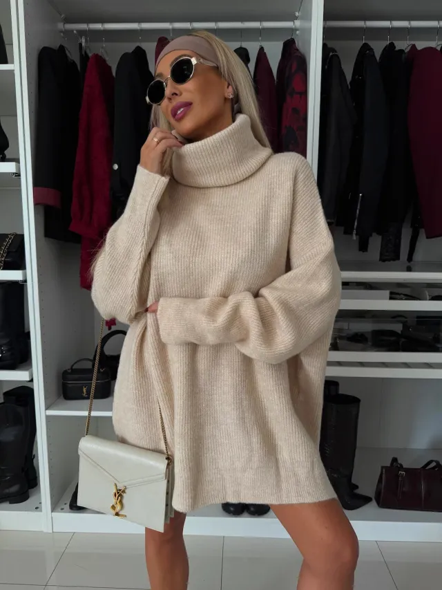 Women's Turtleneck Long Sleeve Knitted Long Sweater Apricot - Shop at LoveMi