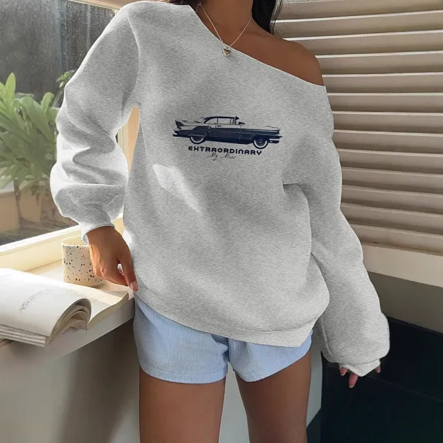 Oblique Shoulder Sweatshirt Women's Retro Print Loose And Versatile Light Gray - Shop at LoveMi