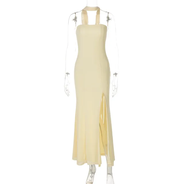 Fashion Tube Top Slit Slim fitting Solid Color Temperament Dress Yellow - Shop at LoveMi