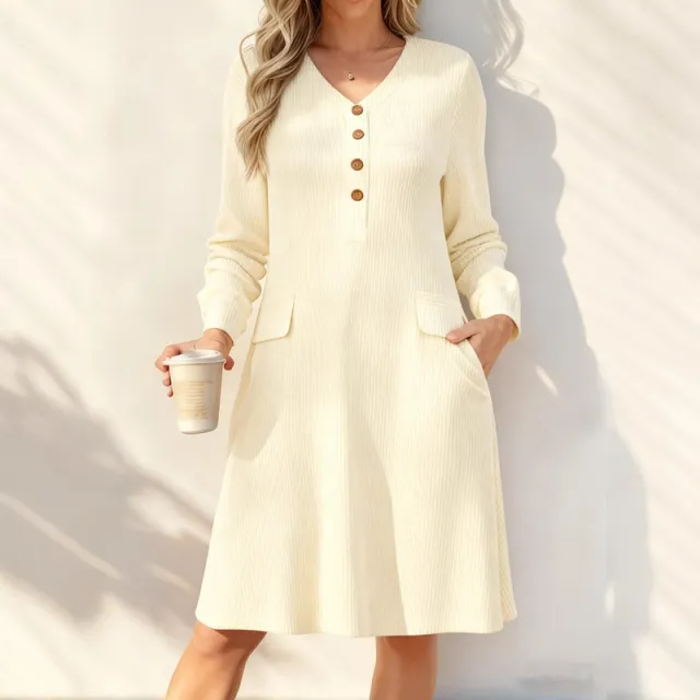 Women's Fashion Casual Long Sleeve Knitted Dress Apricot - Shop at LoveMi