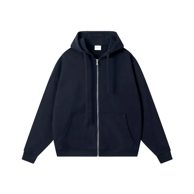 Loose Drop shoulder Combed Cotton Hooded Zipper Sweatshirt Navy Blue - Shop at LoveMi