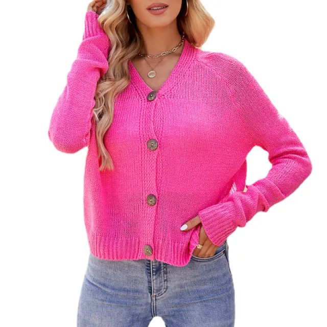 Women's Clothing V neck Knitted Cardigan Women's Sweater Pink - Shop at LoveMi
