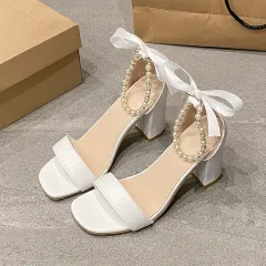 Summer New Pearl Bow Buckle Open Toe Chunky Heel All-match Sandals - White - View 1