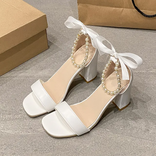 Summer New Pearl Bow Buckle Open Toe Chunky Heel All match Sandals White - Shop at LoveMi