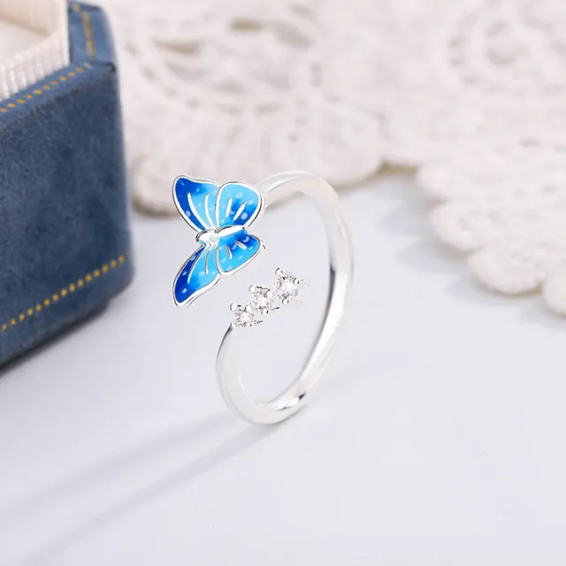 National Style New Butterfly Ring Niche Epoxy Blue Silver J02733 - Shop at LoveMi