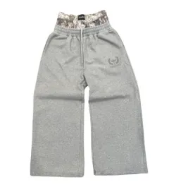 Embroidered Double Waist Casual Straight Pants - Grey - View 1