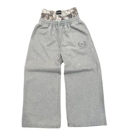 Embroidered Double Waist Casual Straight Pants Gray - Shop at LoveMi