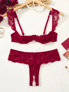 Cute Girl-Style Lace Bra And Underwear Set - Wine - View 1